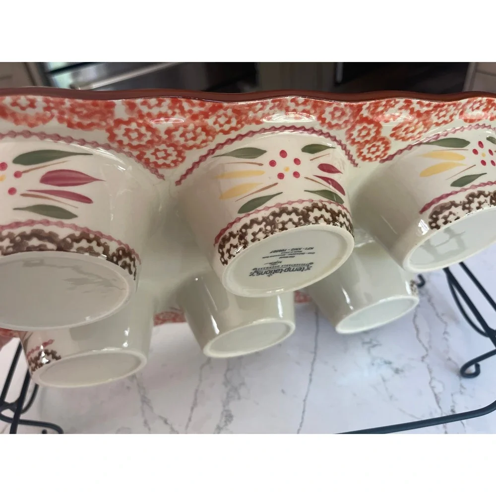Temp-tations Old World Texas Muffin Pan 6 Cup Ceramic Baker with Wire Rack Brown